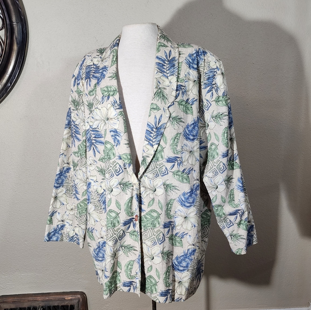 Blazer Floral Vintage Oversized Beige and Blue Plus Size 1X - Picture 11 of 13